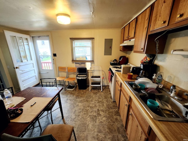 kitchen with brown cabinets, white electric range, a sink, electric panel, and under cabinet range hood