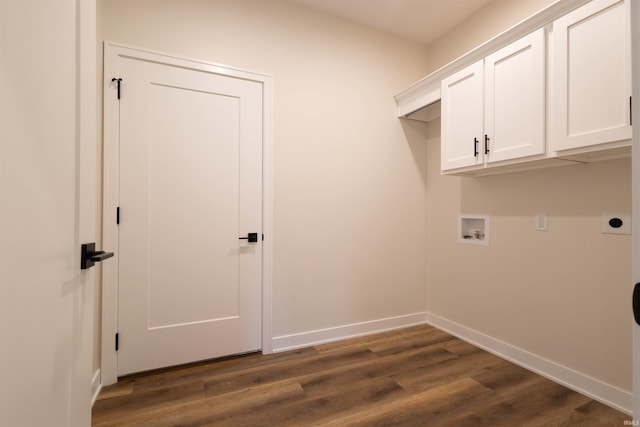 washroom featuring washer hookup, cabinets, dark hardwood / wood-style flooring, and electric dryer hookup