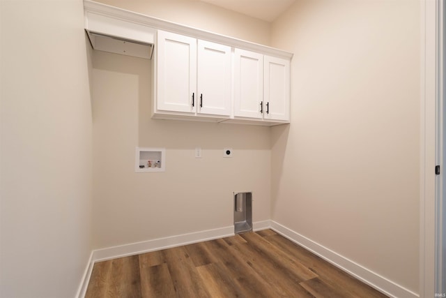 laundry room with cabinets, hookup for an electric dryer, hookup for a washing machine, and dark wood-type flooring