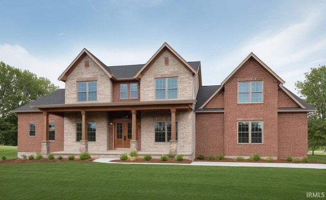 craftsman house featuring brick siding, a porch, and a front lawn