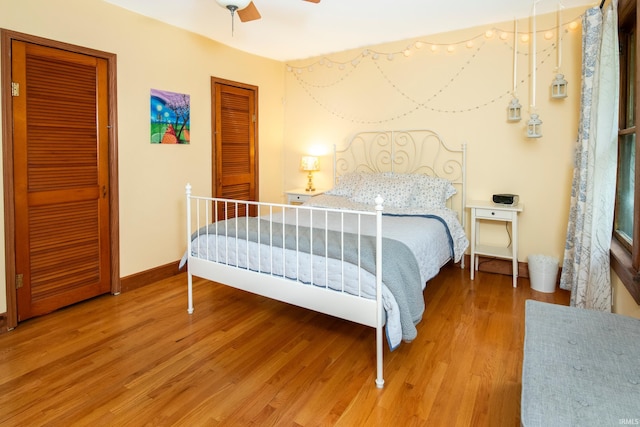 bedroom featuring a closet, ceiling fan, and hardwood / wood-style flooring