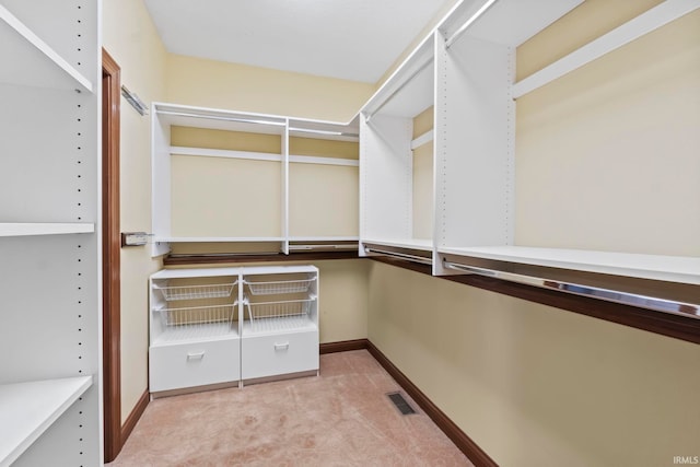 spacious closet featuring light colored carpet