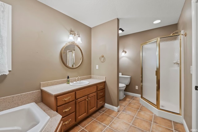 full bathroom featuring independent shower and bath, vanity, toilet, and tile patterned floors