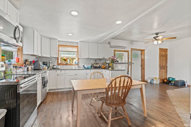 kitchen featuring a wall unit AC, white cabinetry, appliances with stainless steel finishes, dark hardwood / wood-style flooring, and ceiling fan