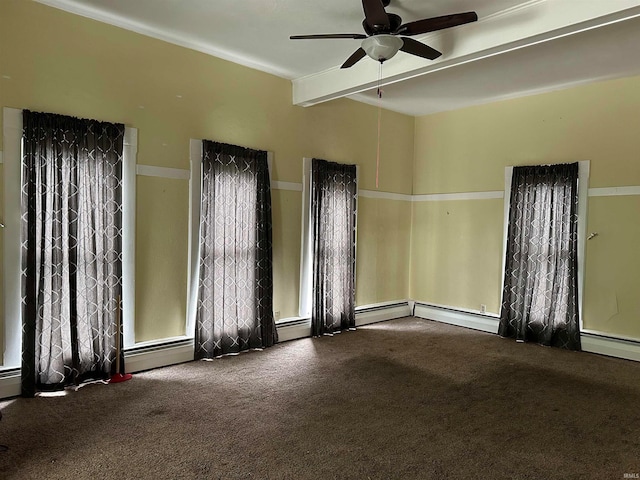 spare room with ceiling fan, carpet floors, and a baseboard radiator