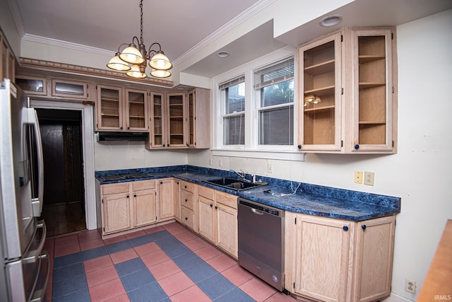 kitchen featuring a chandelier, light brown cabinets, appliances with stainless steel finishes, and sink