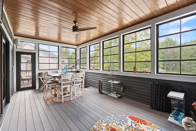 sunroom / solarium with a wealth of natural light, ceiling fan, and wooden ceiling