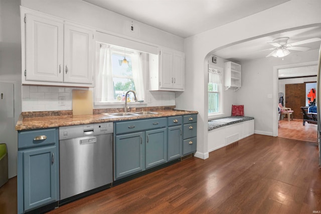 kitchen featuring ceiling fan, white cabinets, sink, stainless steel dishwasher, and dark hardwood / wood-style flooring