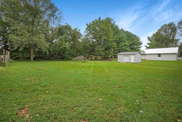 view of yard featuring a storage shed