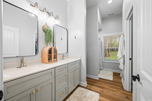 bathroom featuring wood-type flooring, vanity, and a shower with curtain