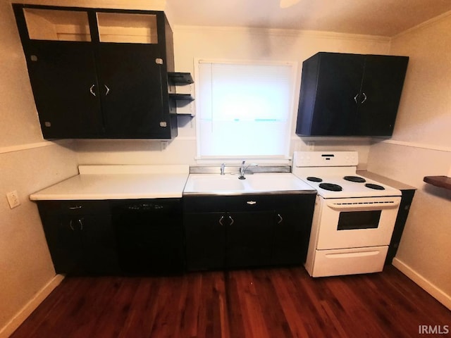 kitchen featuring sink, white range with electric cooktop, crown molding, and dark hardwood / wood-style flooring