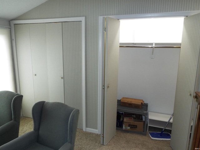 interior space with vaulted ceiling and light carpet