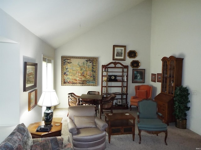 sitting room with lofted ceiling and carpet flooring