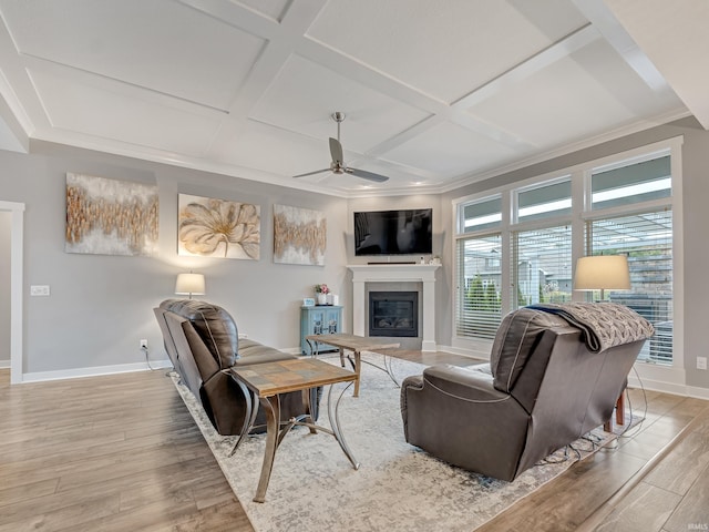 381 Elderwood Ct, Fort Wayne, IN 46845 - living area featuring ceiling fan, a glass covered fireplace, coffered ceiling, light wood finished floors, and baseboards