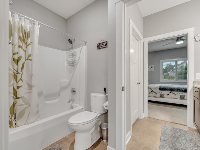 full bathroom with shower / bathtub combination with curtain, ceiling fan, vanity, and toilet