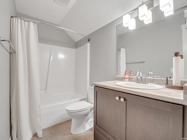 full bathroom with shower / tub combo, vanity, toilet, and vaulted ceiling