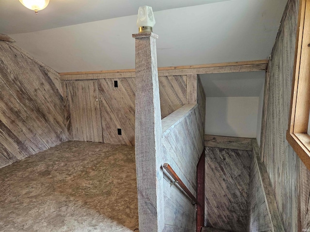 additional living space with wooden walls and carpet