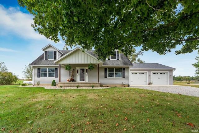 view of front facade featuring a front lawn, a porch, and a garage