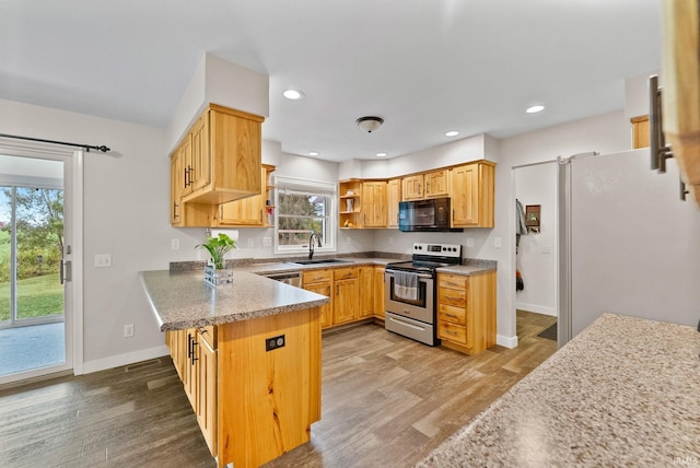 kitchen with hardwood / wood-style floors, kitchen peninsula, sink, and stainless steel appliances