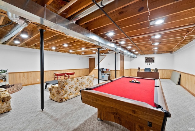 game room with carpet floors, billiards, and wood walls