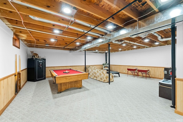 rec room featuring wooden walls, billiards, and carpet