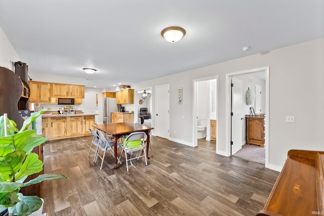 kitchen with light brown cabinets, stainless steel fridge, and dark hardwood / wood-style flooring