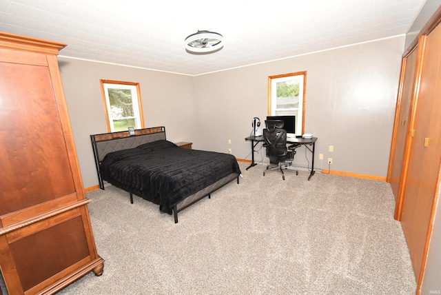 bedroom with light colored carpet