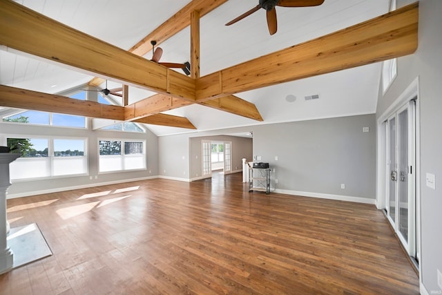 unfurnished living room with high vaulted ceiling, dark hardwood / wood-style flooring, beam ceiling, and ceiling fan