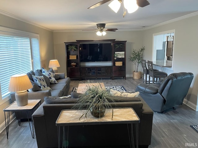 living room featuring ceiling fan, baseboards, crown molding, and wood finished floors