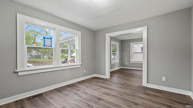 spare room with a wealth of natural light, a textured ceiling, and hardwood / wood-style flooring