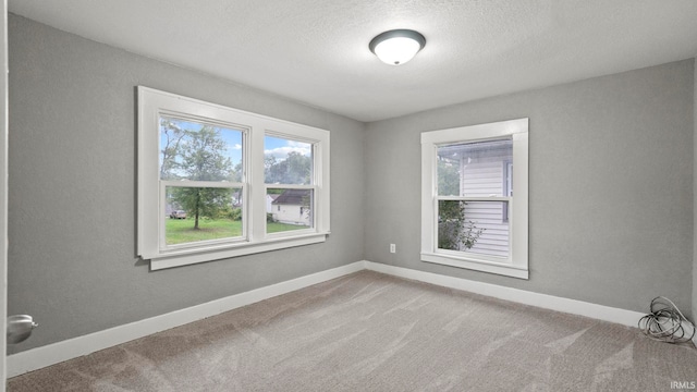 empty room with a textured ceiling and carpet flooring