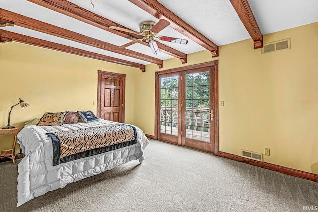 carpeted bedroom featuring a textured ceiling, beam ceiling, ceiling fan, and access to exterior