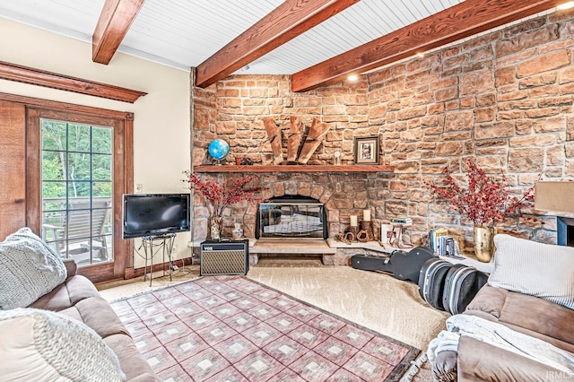 living room with wood ceiling, beam ceiling, and a fireplace