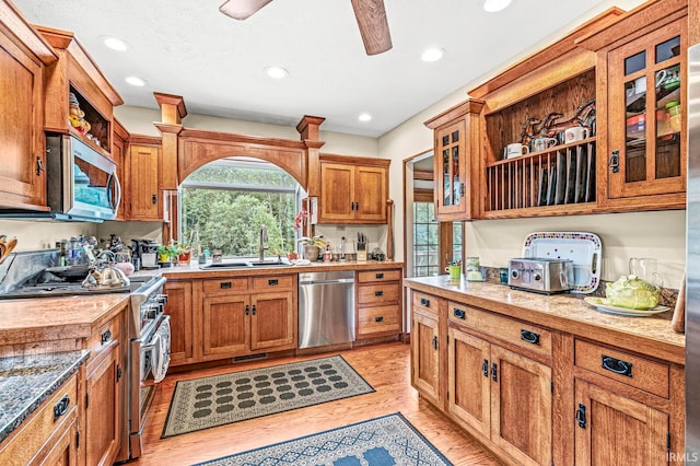 kitchen with ceiling fan, stainless steel appliances, light wood-type flooring, and sink