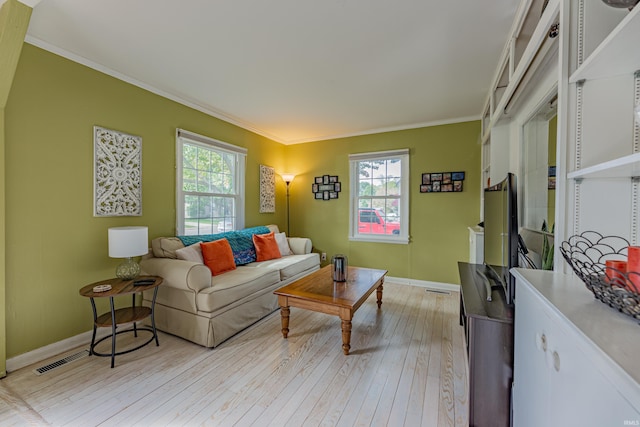 living room featuring crown molding and light hardwood / wood-style flooring