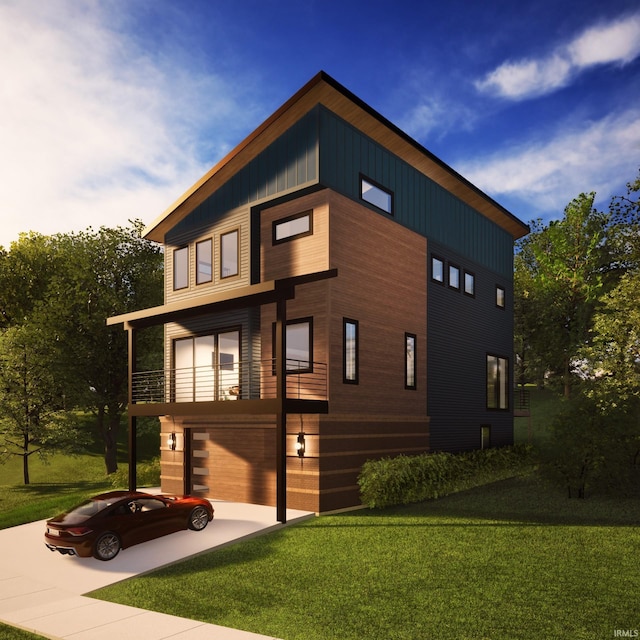 view of front of home featuring a garage, concrete driveway, a balcony, and a front lawn