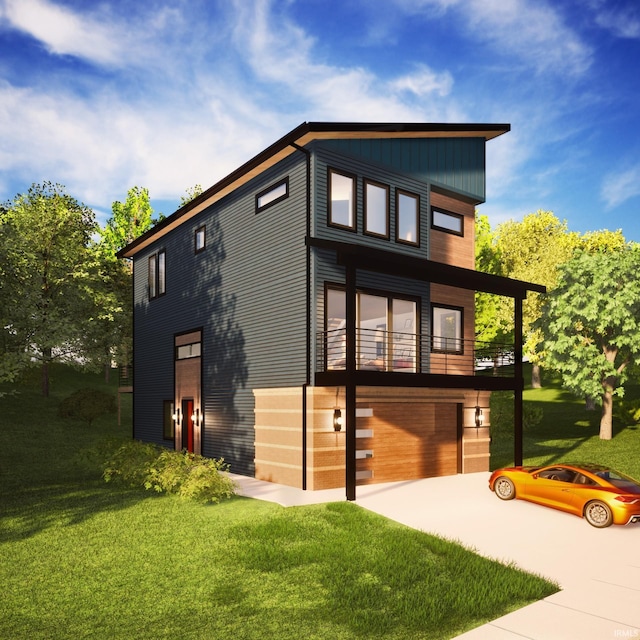 view of front of property featuring an attached garage, driveway, and a front lawn