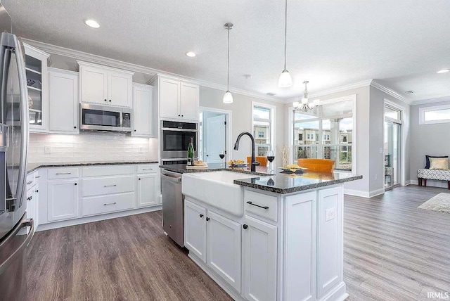 kitchen with an island with sink, white cabinets, dark hardwood / wood-style flooring, stainless steel appliances, and sink