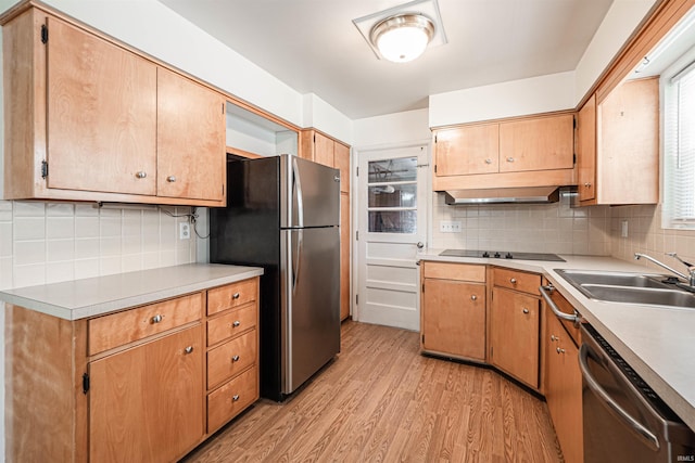 kitchen featuring appliances with stainless steel finishes, decorative backsplash, light hardwood / wood-style floors, exhaust hood, and sink