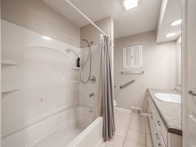 full bathroom with vanity, toilet, shower / bathtub combination with curtain, and tile patterned floors