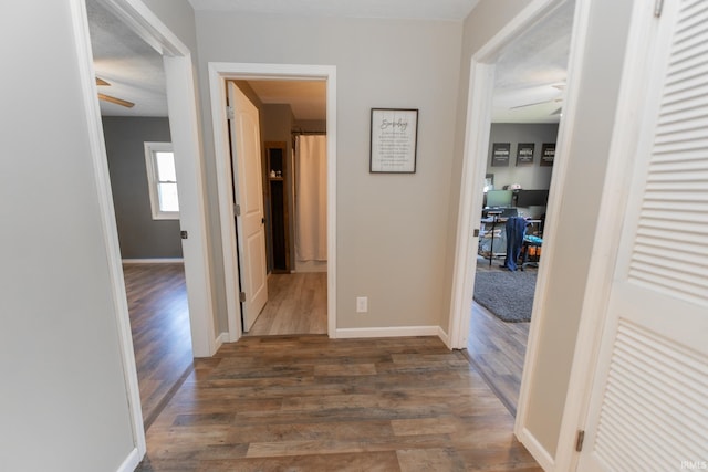 hallway with dark hardwood / wood-style flooring