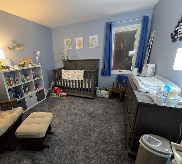 carpeted bedroom with a crib