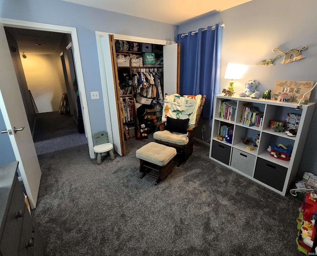 living area featuring dark colored carpet