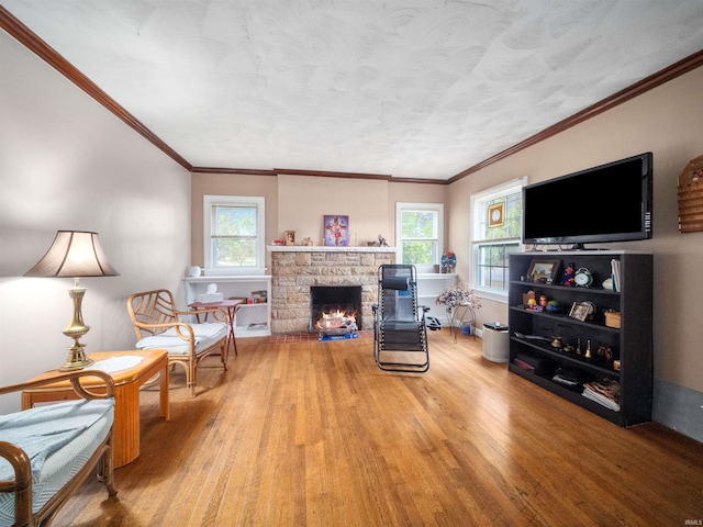 living room with wood-type flooring, a fireplace, and a wealth of natural light