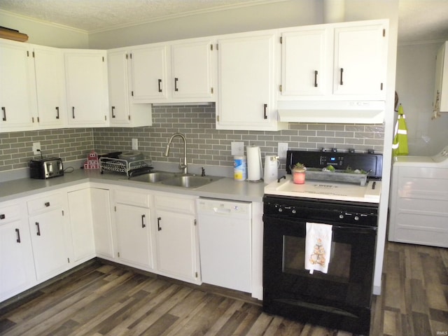 kitchen featuring sink, white cabinets, white appliances, dark hardwood / wood-style flooring, and ornamental molding