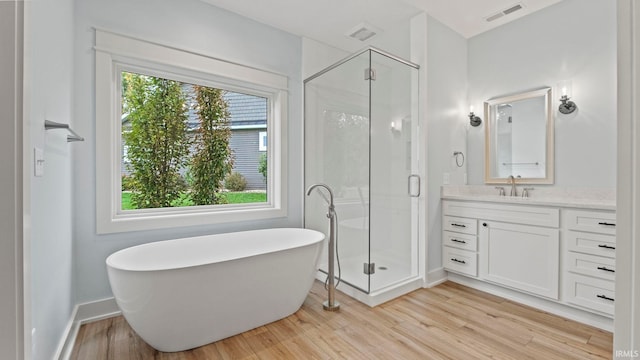 bathroom with vanity, plenty of natural light, and separate shower and tub