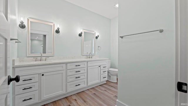 bathroom with vanity, hardwood / wood-style floors, and toilet