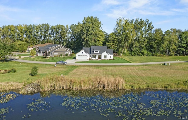 bird's eye view with a water view