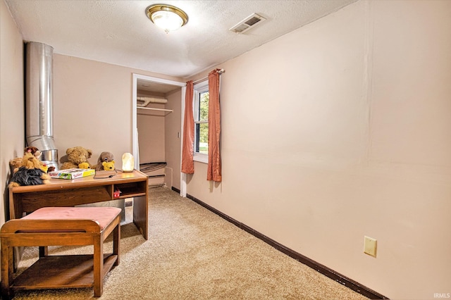 interior space with light colored carpet and a textured ceiling