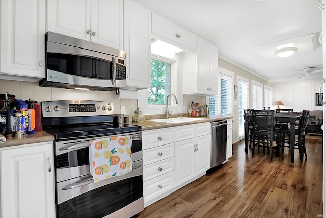 kitchen featuring stainless steel appliances, plenty of natural light, dark wood-type flooring, and sink